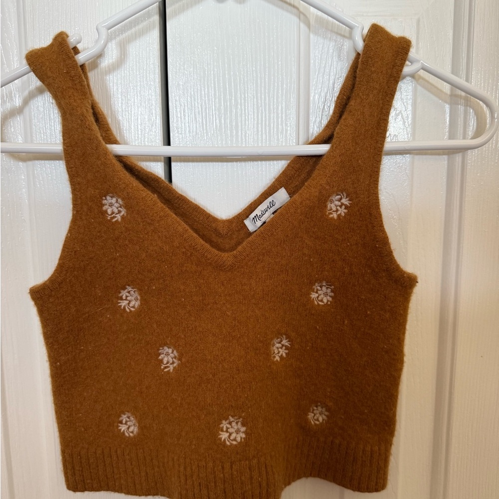 Madewell Brown and White Embellished Ribbed Crop Tank Top